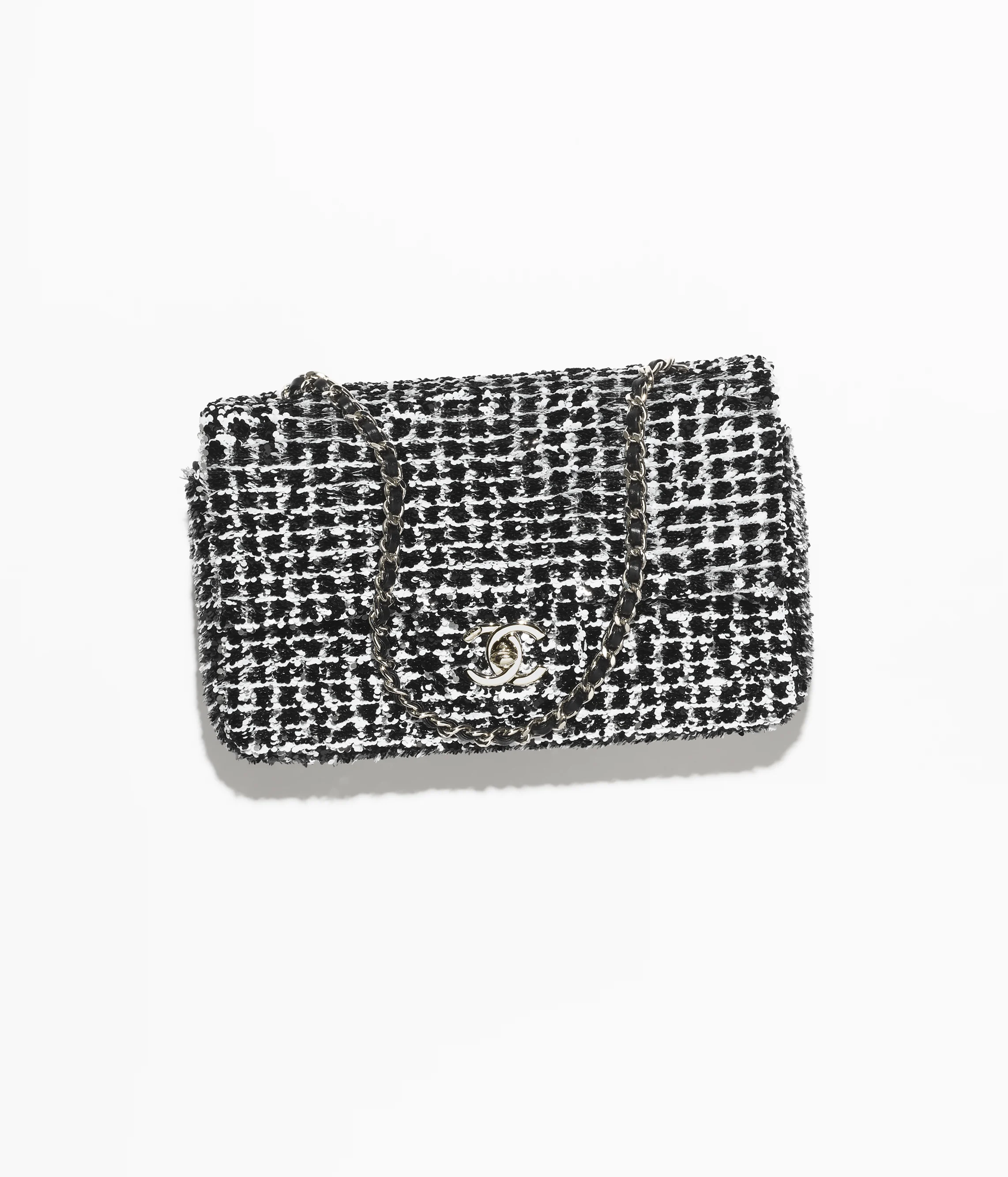 Chanel Small Flap Bag Sequins & Silver-Tone Metal Black, White & Silver AS4418-B19054-NACYG