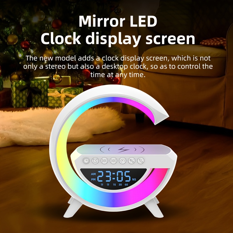 Coolest Alarm Clock Ever: Big G  Wireless Speaker 6 Kinds Of Light Mode Wireless Charging Function Compatible With IOS / Android System Black And White Clock With Timing, White Noise & More!