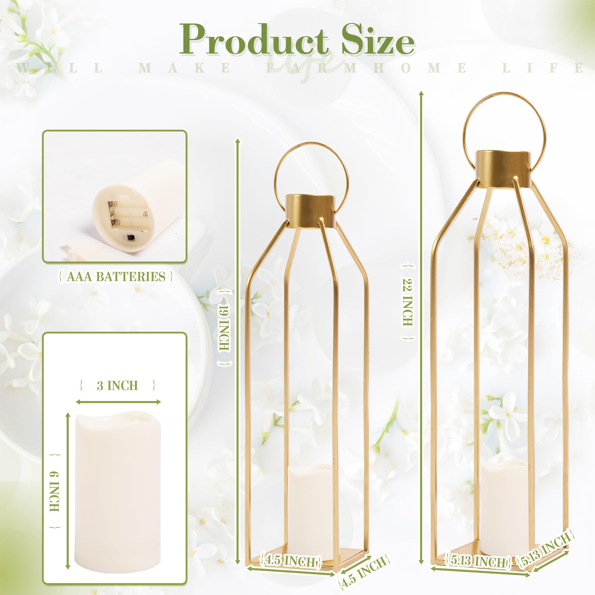 🔥22'' 19'' Large Metal Candle Lanterns with Timer Flickering Candles - Set of 2