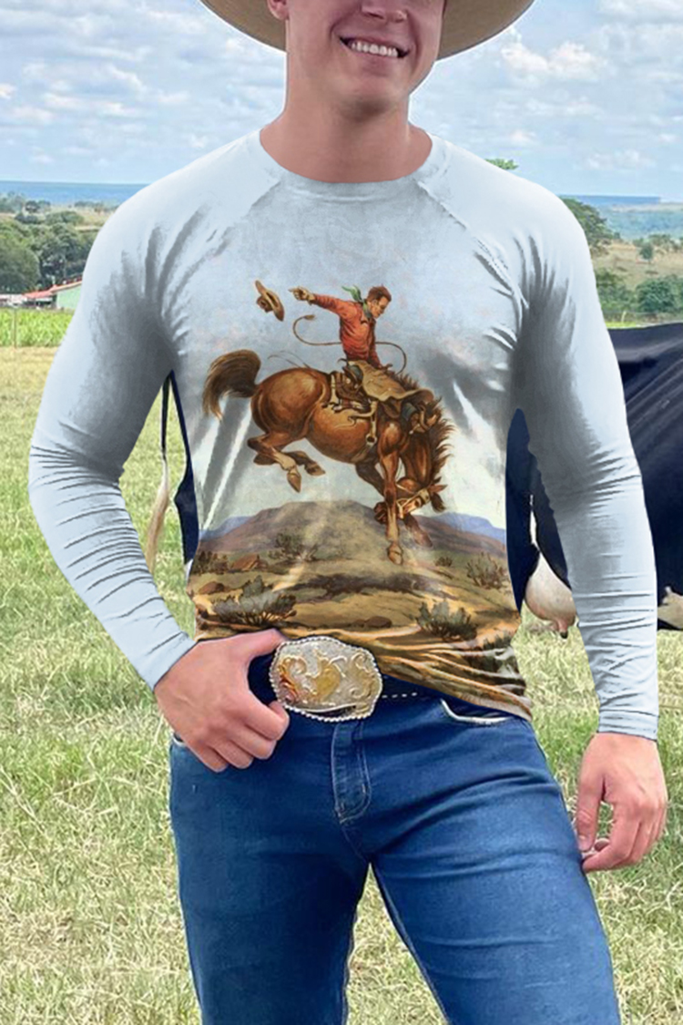 Western Vintage Horse Riding Print Long Sleeve T-Shirt