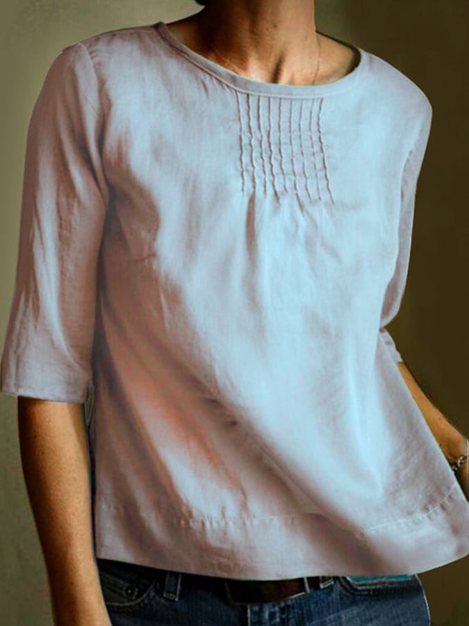 Women's Cotton Solid Color Loose Round Neck Pleated Mid Sleeve Shirt