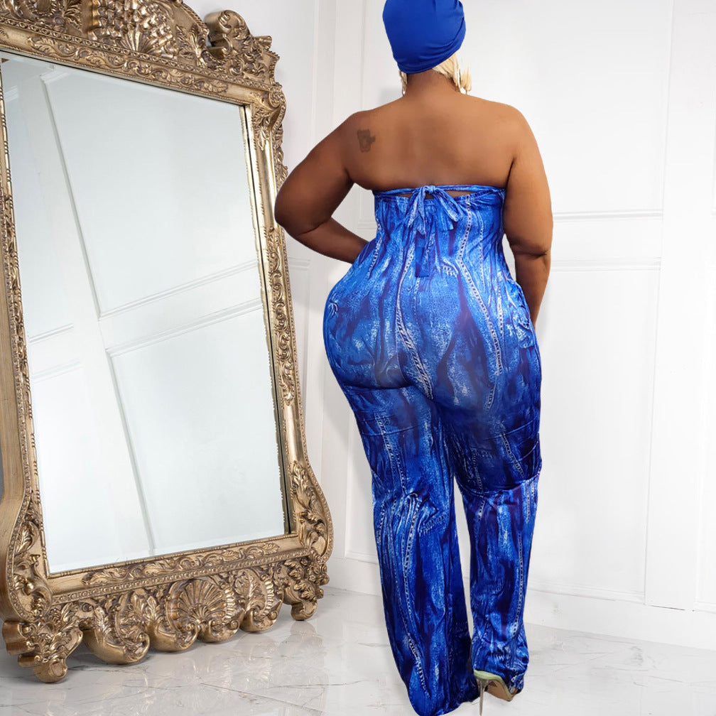 Plus Size Women Clothes Spring Summer Sexy Tube Top Lace Up Jumpsuit Denim Pattern Wide Leg Jumpsuit