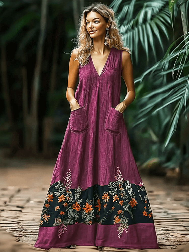 Women's Elegant Floral Bohemian Casual Sleeveless Linen V-neck Maxi Dress