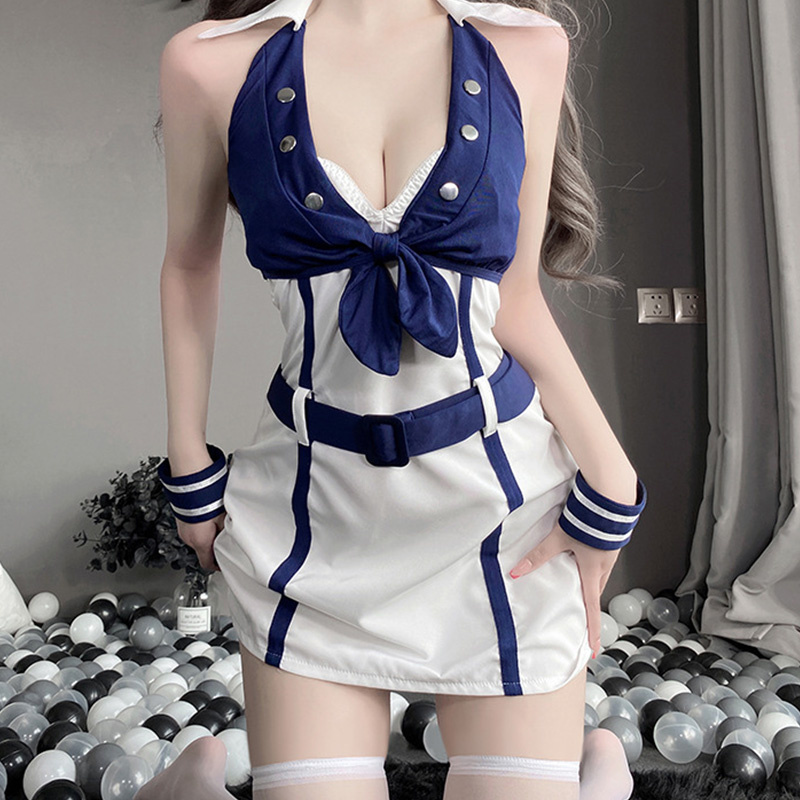 V-neck Colorblock Belted Lingerie Dress Stockings Set