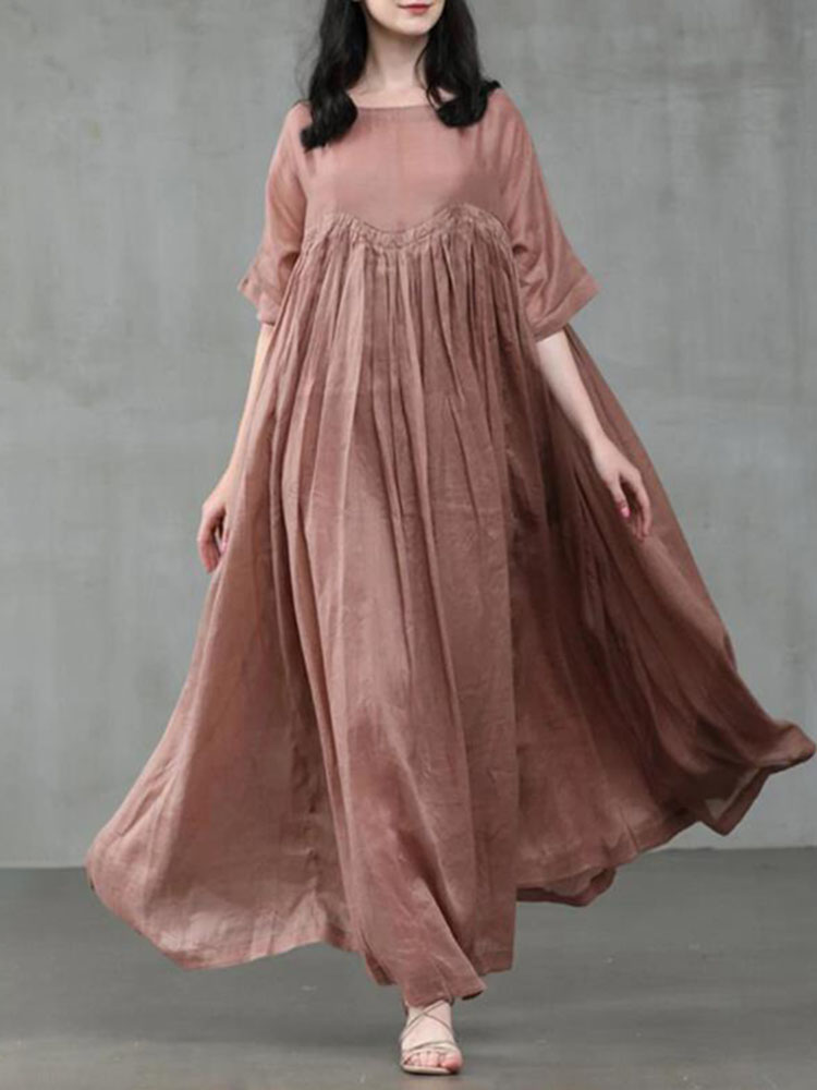 Solid Color Patchwork Half Sleeves Linen Casual Maxi Dress