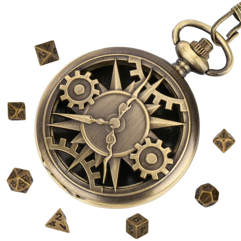 Steampunk Hollow Gear Cover Pocket Watch Case with 7pcs/set Metal Polyhedral Dices Pendant FOB Chain Gaming Accessory Gift