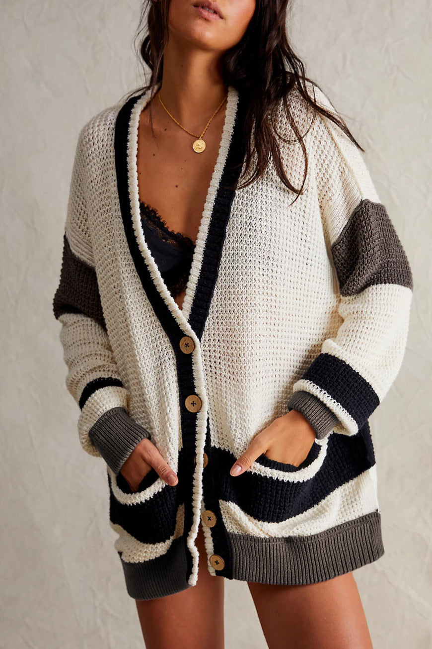 Plus Size Knitted Coat with Pockets – Color Matching Cardigan Sweater