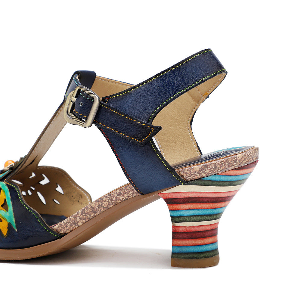 Retro Genuine Leather High Heel Sandals with Rainbow Wine Glass Heel