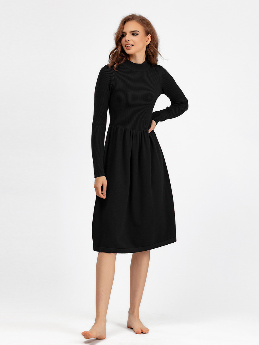 Autumn and winter half-high collar large pendulum long style knitted dress waist show thin long sleeve simple temperament sweater bottom skirt woman