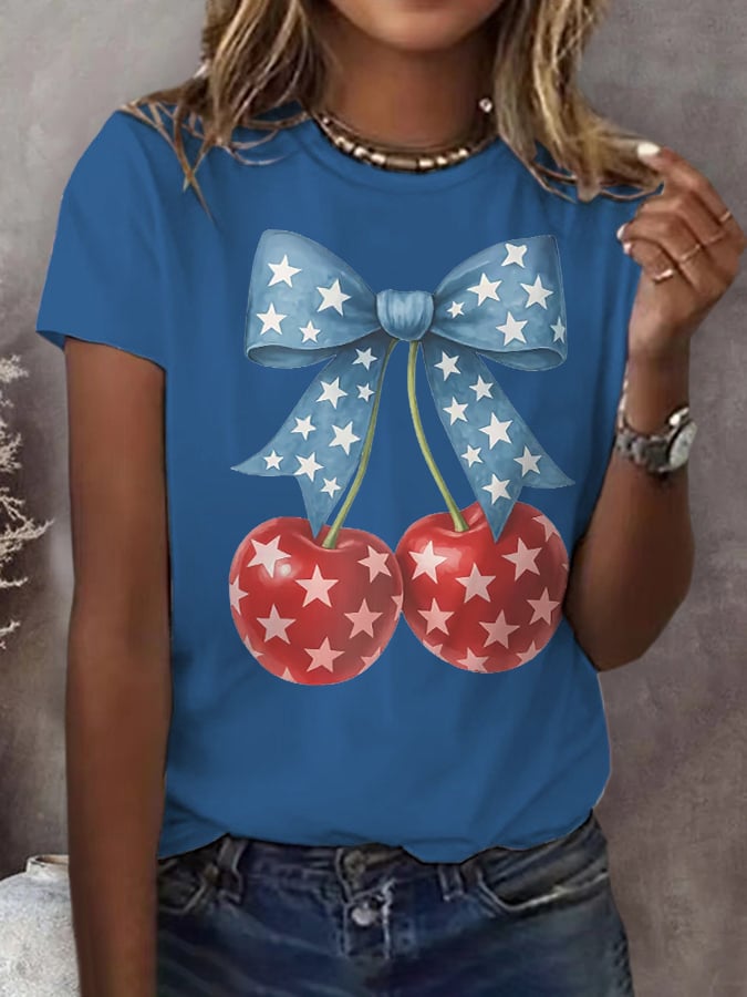 Women's Retro Cherry Bow Patriotic 4th Of July Print T-Shirt