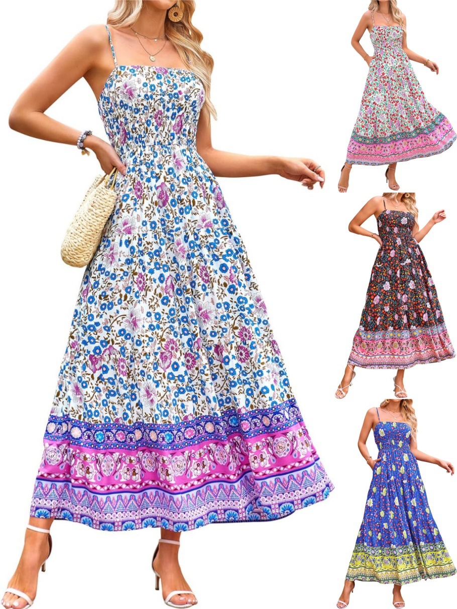 Retro Floral Bohemian dress with adjustable shoulder straps