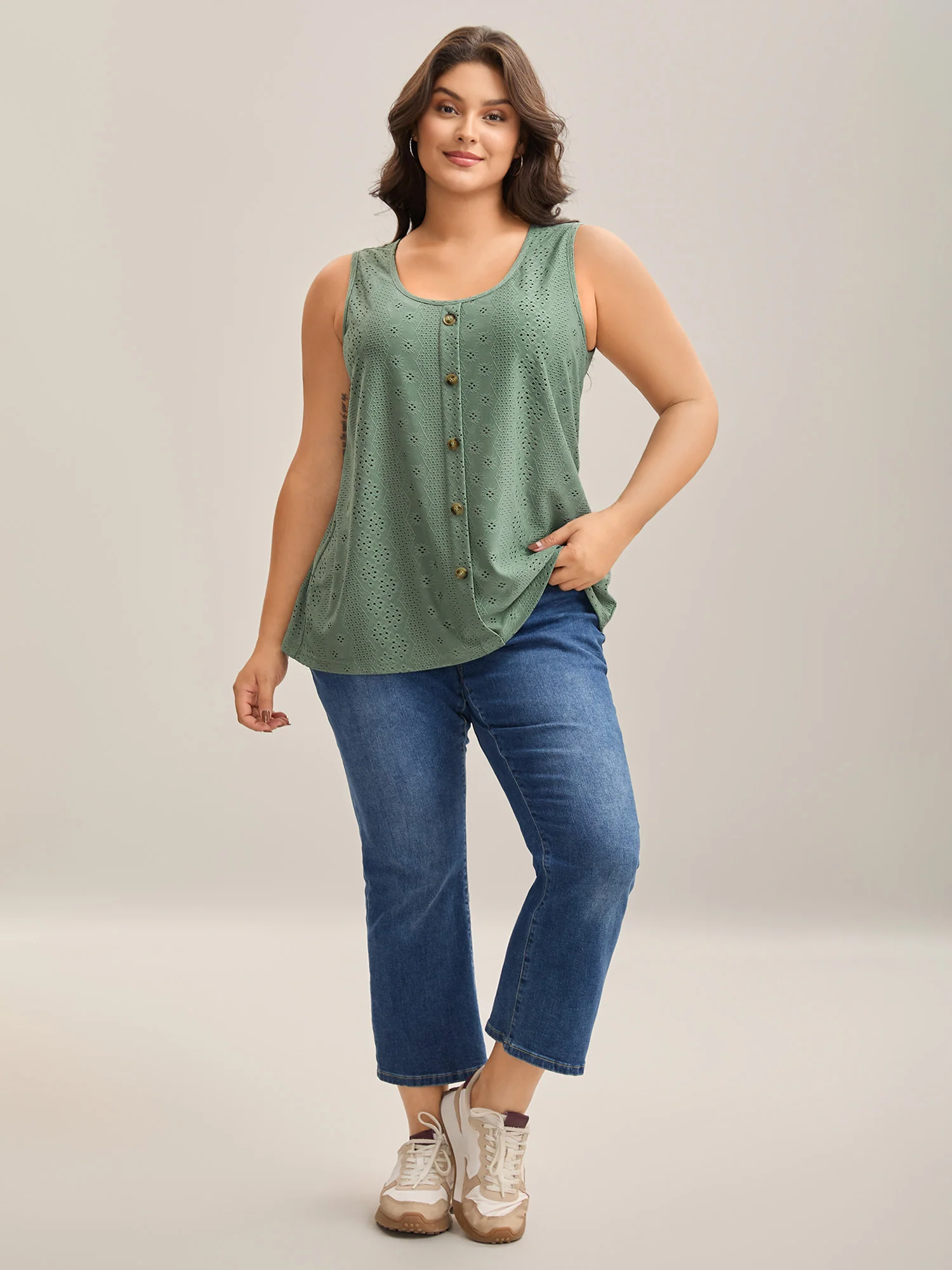 Cut-Out Textured Button Detail Tank Top