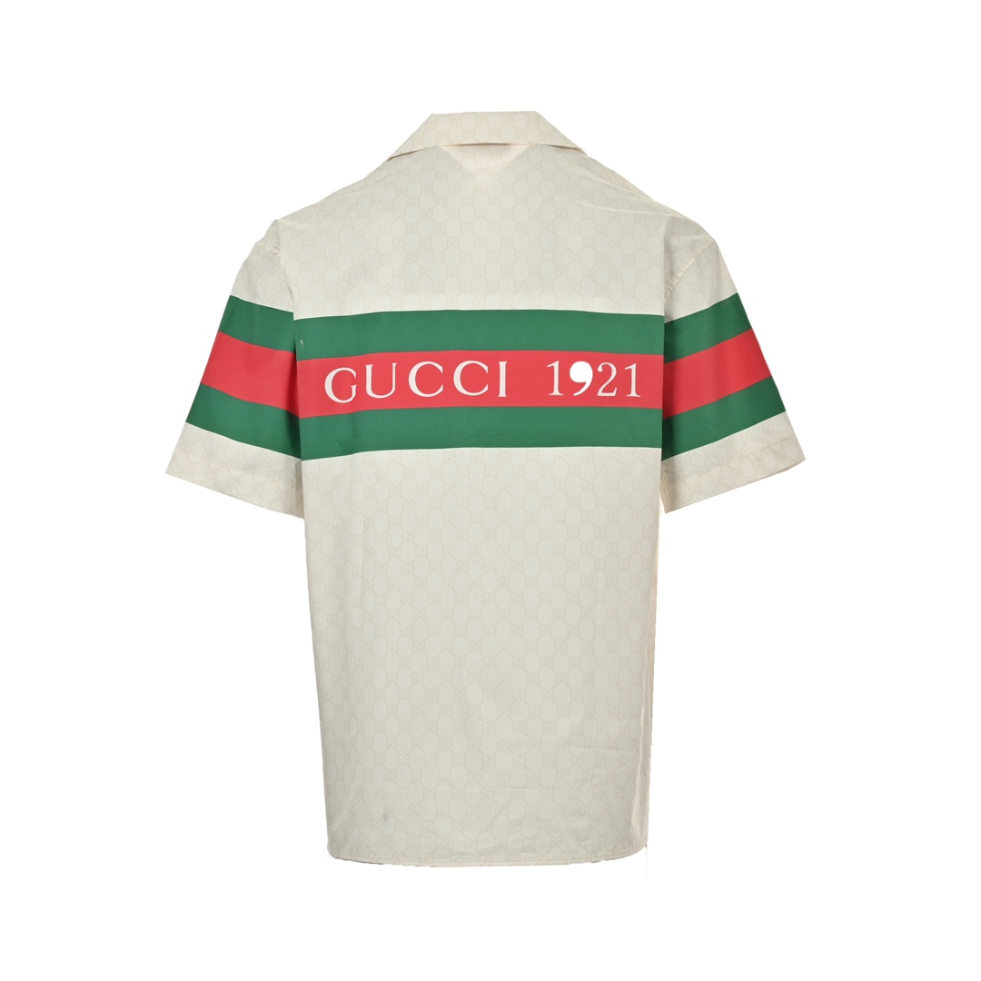 Gucci 24ss full print jacquard 1921 red and green striped short-sleeved shirt
