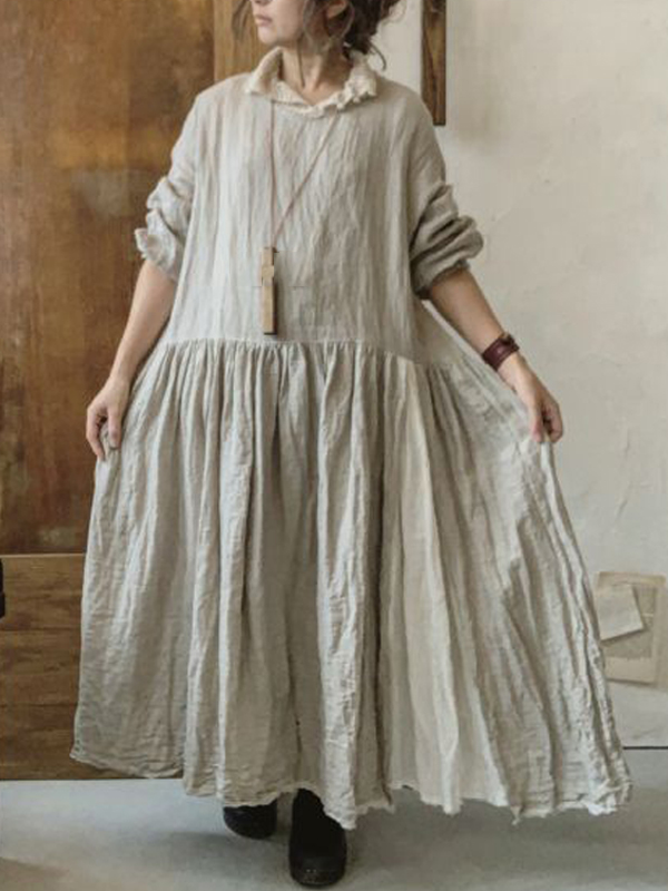 Vintage V Neck Balloon Sleeve Cotton Linen Midi Dresses