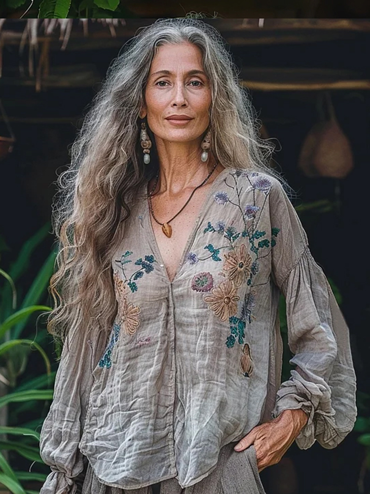 Retro Bohemian Floral Linen Art Print Long Sleeve V-neck Shirt