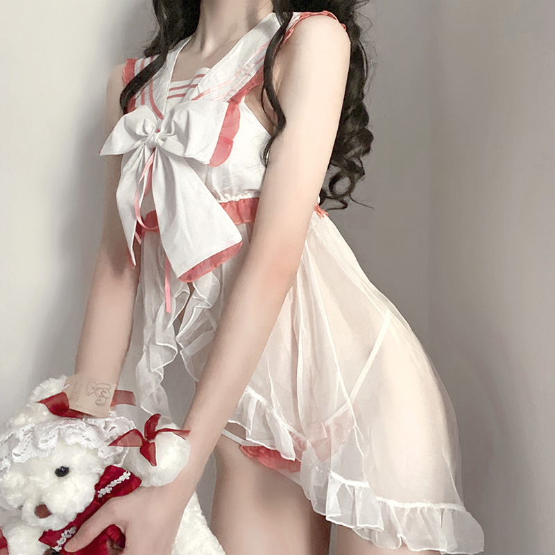 Sailor Collar Bow Decor See Through Lingerie Set