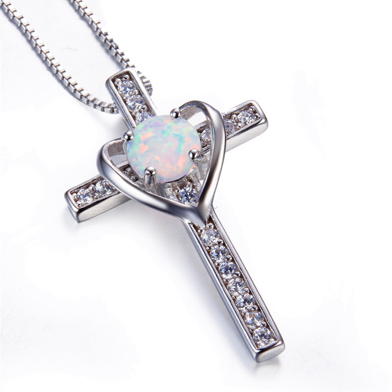 (⚡Last Day Flash Sale-50% OFF) 925 Sterling Silver opal Cross Heart Pendant Necklace-BUY 2 FREE SHIPPING