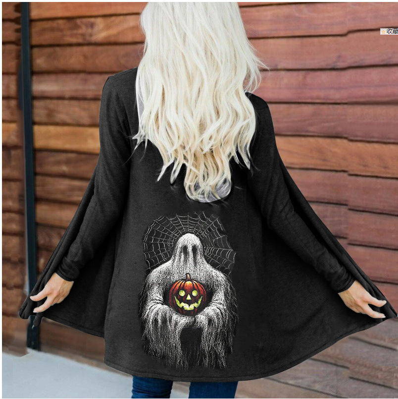 Women's Fashion Long Sleeve Cardigan Coat Top with Halloween Skull Print