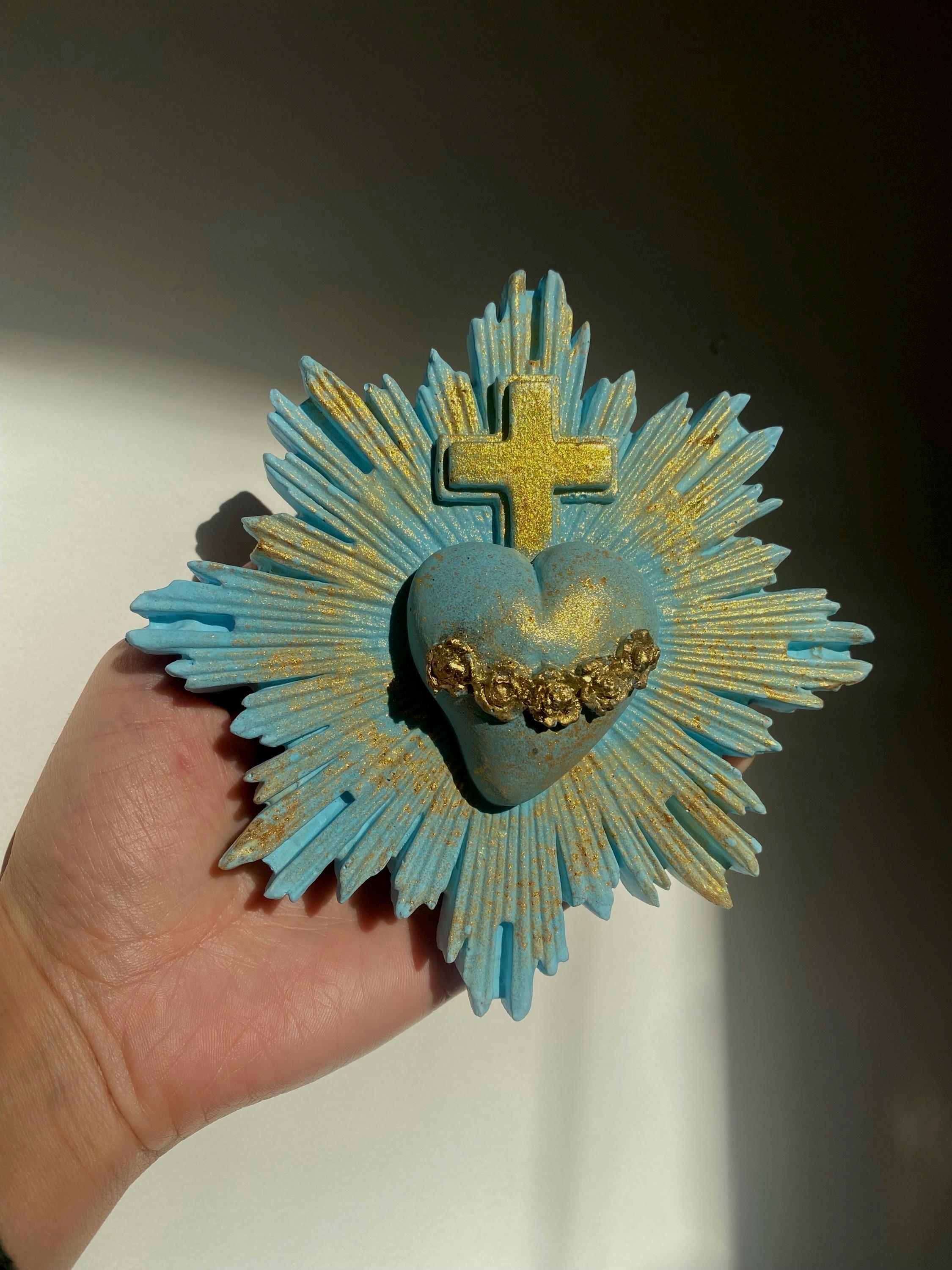 Sacred Heart Wall Decor, Milagro Heart, Flaming Heart & Cross, Handmade.