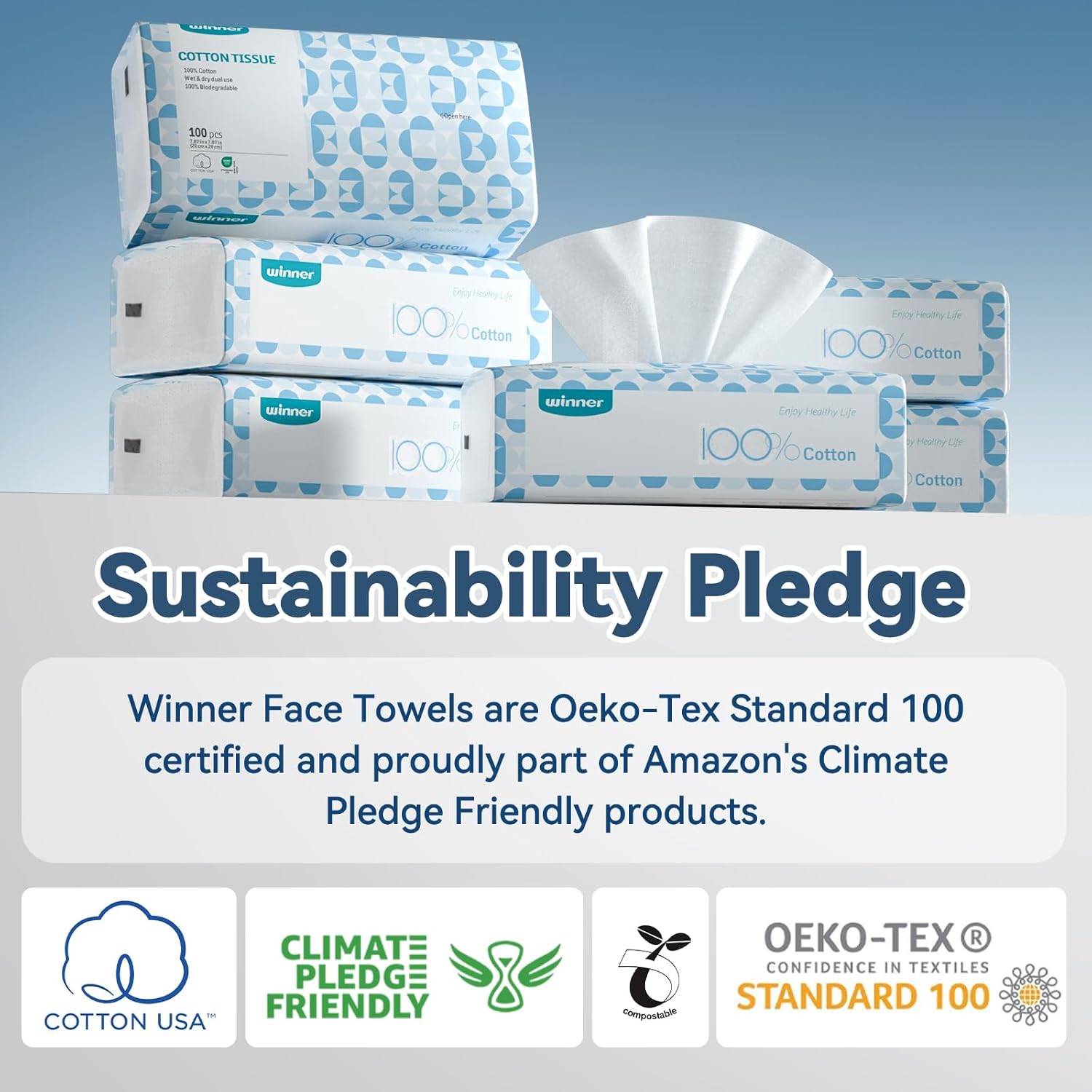Winner Soft Face Towels - 100% USA Cotton Dry Wipes, 600 Count Unscented Cotton Tissues for Sensitive Skin, OEKO-TEX Certified Face Towelettes Disposable, Makeup Remover Facial Towels, 6 Pack