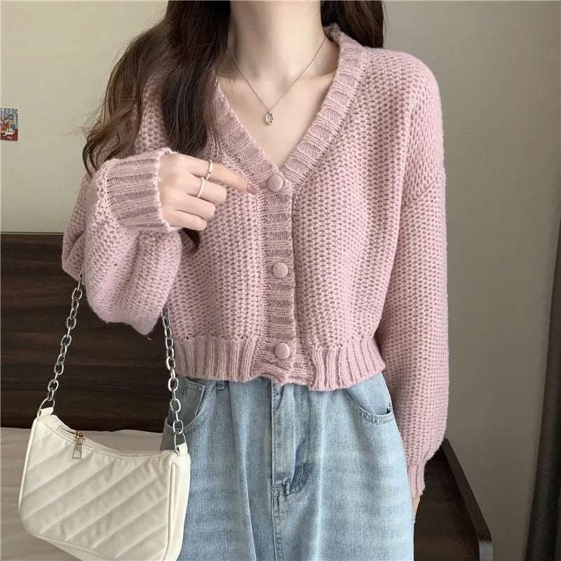 Button-Up V-Neck Knit Cardigan