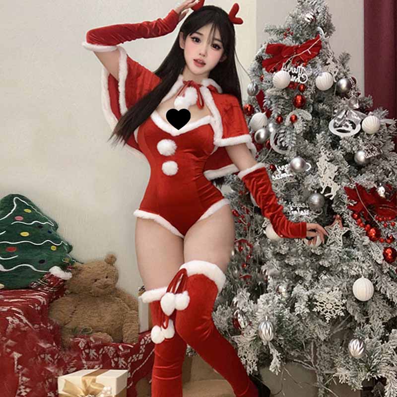 Christmas Fuzzy Ball Hooded Cloak Jumpsuit Lingerie Set