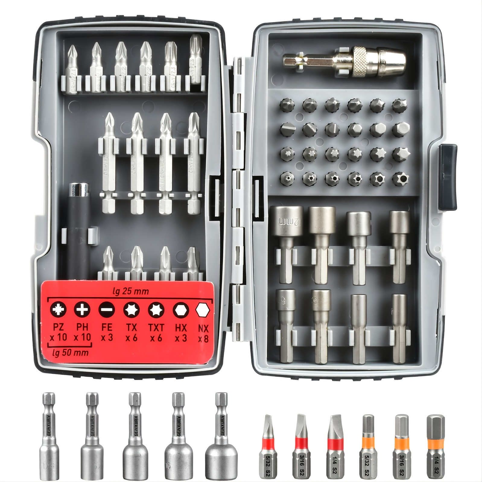 GEINXURN 59pcs Steel Screwdriver And Nut Driver Bit Set With Storage Case Impact Magnetic Screw Guides Quick Change Holder For Drill Driver
