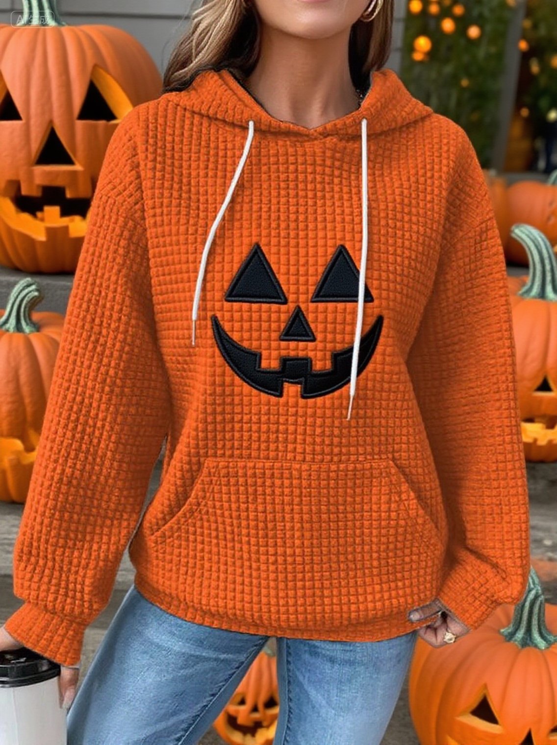 🔥Buy 3 Get 10% Off🔥Women's Waffle Halloween Embroidered Pumpkin Head Print Long Sleeve Hoodie