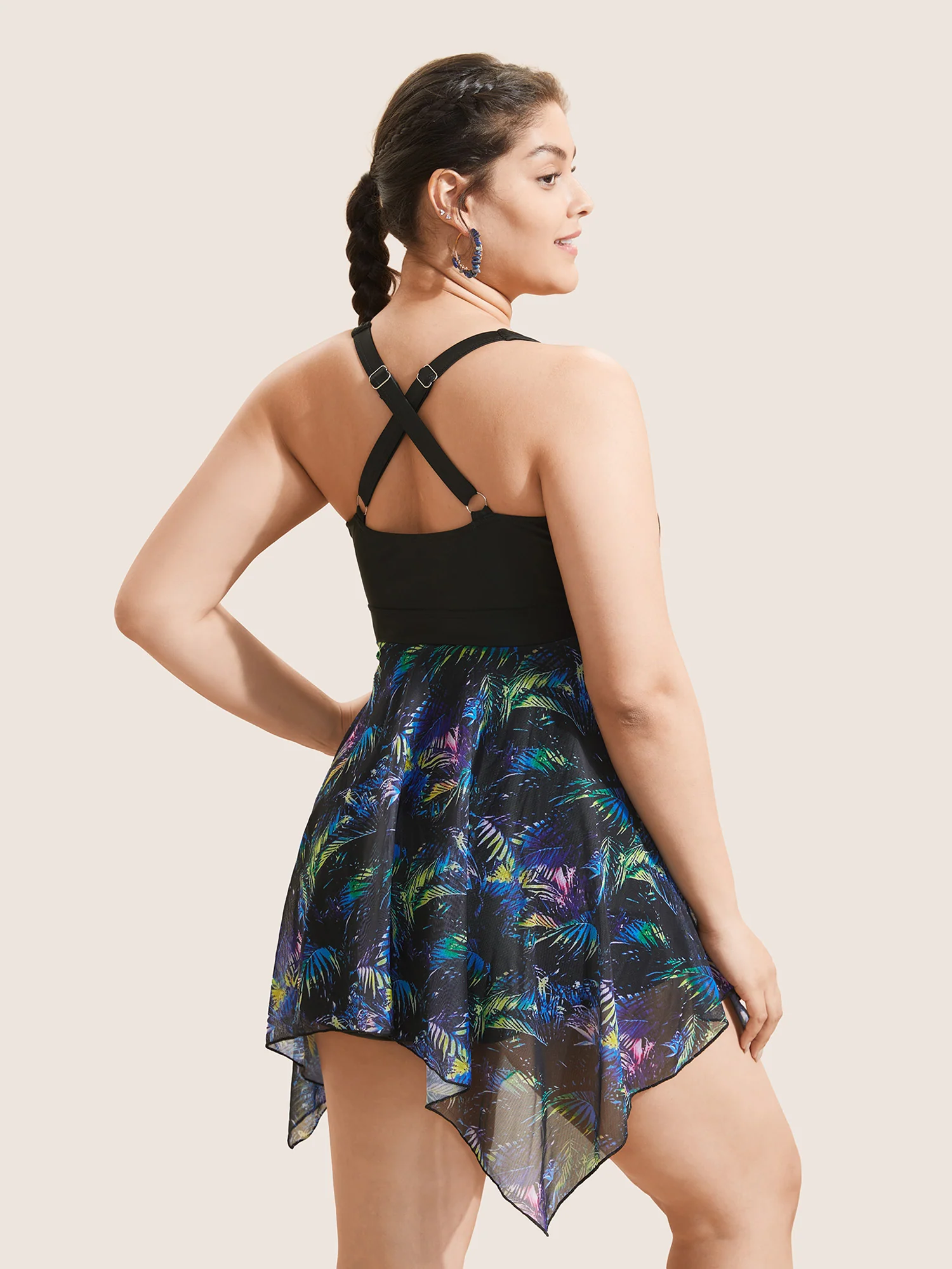 Tropical Ruched Ties Hanky Hem Crisscross Swim Dress