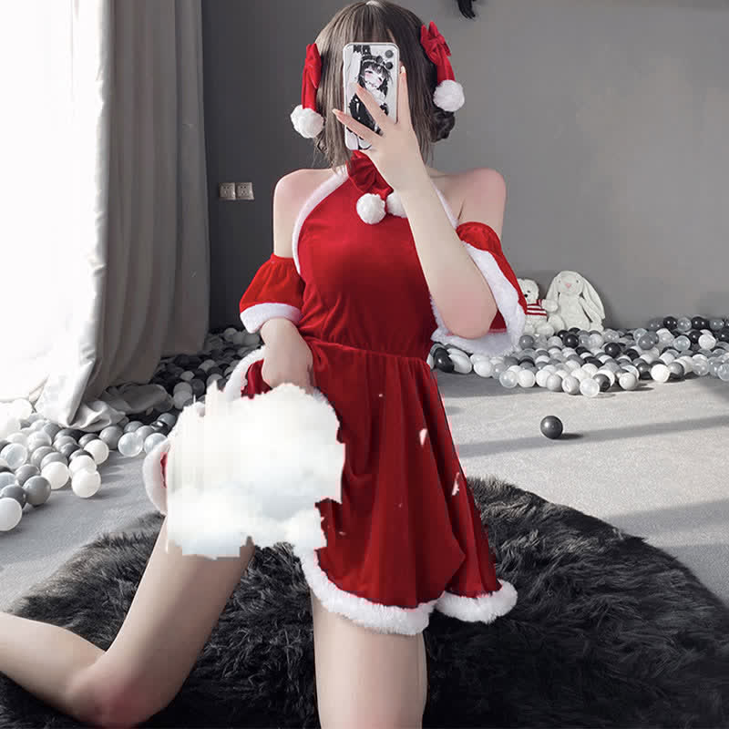 Bow Knot Ruffled Halter Christmas Dress Lingerie