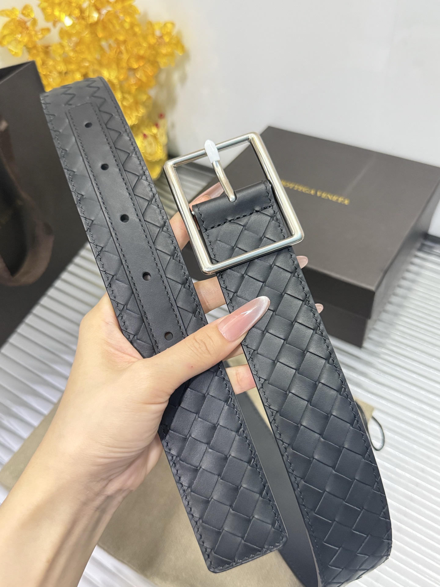 Bottega Veneta pin buckle classic woven leather belt width 4.0cm