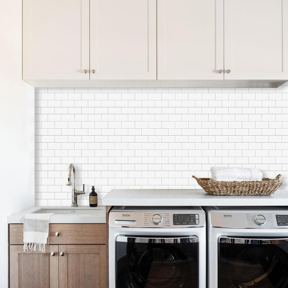 White Subway Peel and Stick Backsplash Tile with Grey Grout - Thicker Design