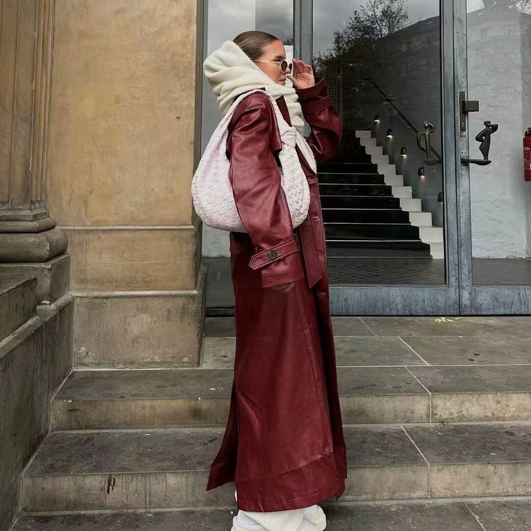 Women's Fashionable Loose Fit Long Leather Trench Coat