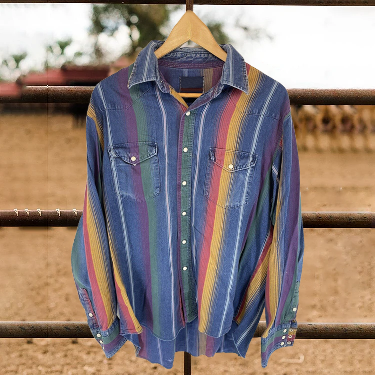 Men's casual retro striped print long sleeve lapel shirt