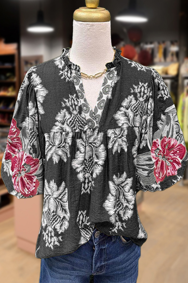 Embroidered Puff Sleeve Floral Top