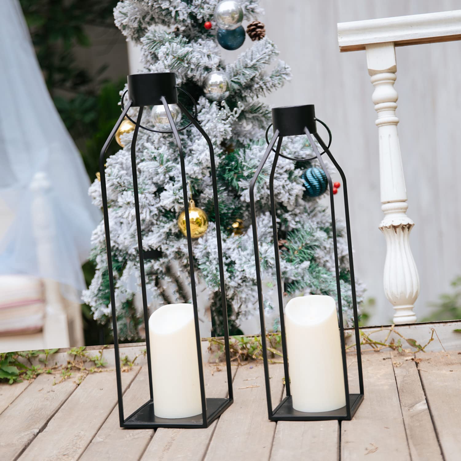 🔥22'' 19'' Large Metal Candle Lanterns with Timer Flickering Candles - Set of 2