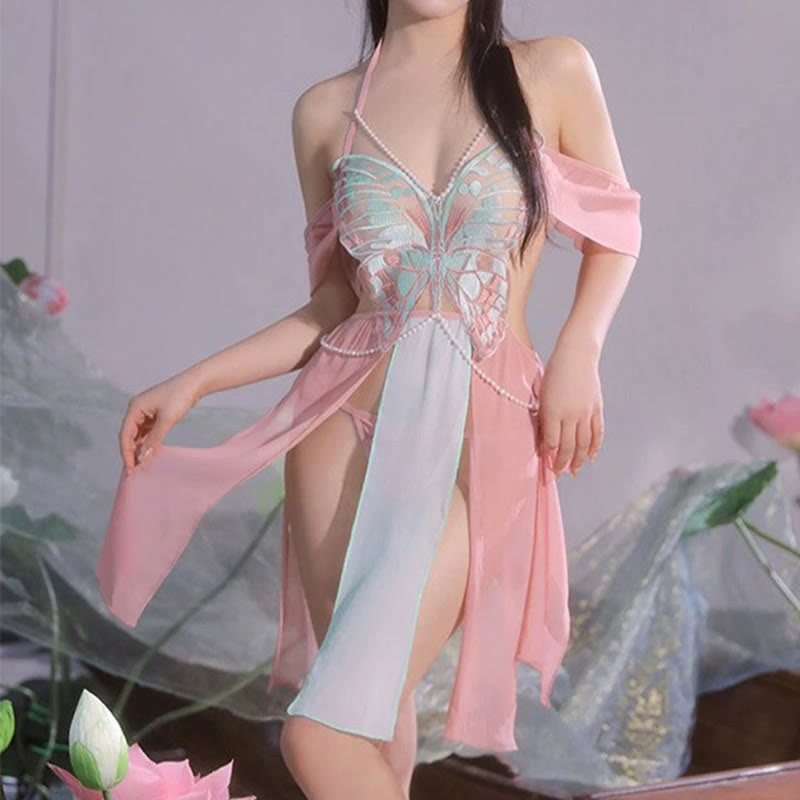 Vintage Butterfly See-through Chain Split Lingerie Dress