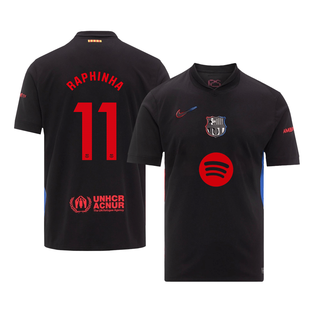 RAPHINHA #11 Barcelona Away Football Jersey, Custom Shirt 2024/25, Spotify Logo without Text