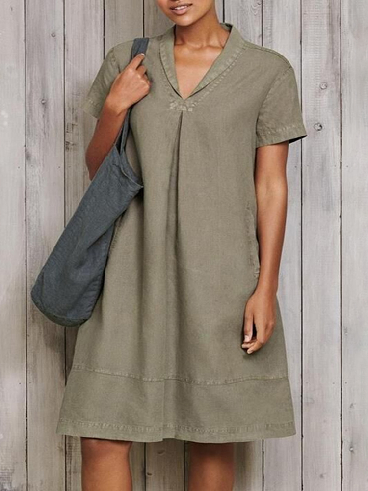 Vintage Plain Foldover Collar Midi Dress
