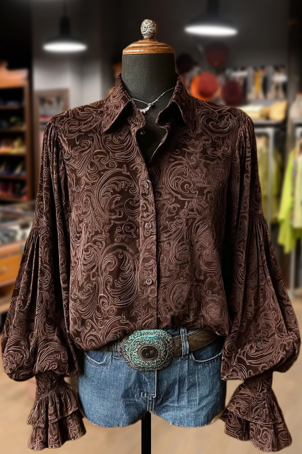 Vintage Floral Print Lantern Sleeve Velvet Top