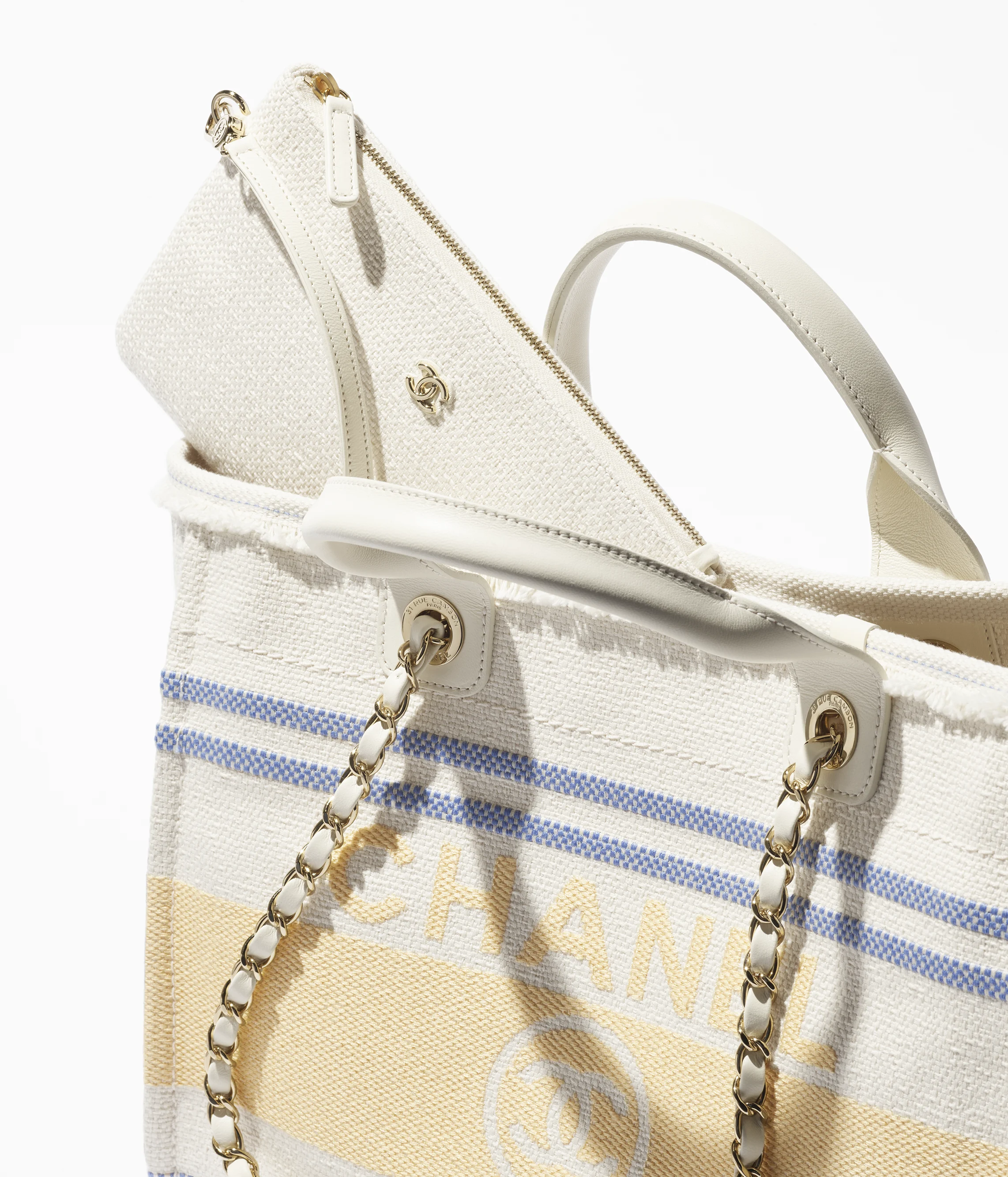 Chanel Shopping Bag Cotton Canvas & Gold-Tone Metal Ecru, Blue & Yellow AS3351-B18809-NACAD