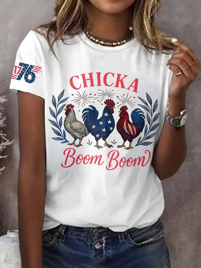 Women's Chicka Boom Boom Patriotic Rooster Print Round Neck T-Shirt