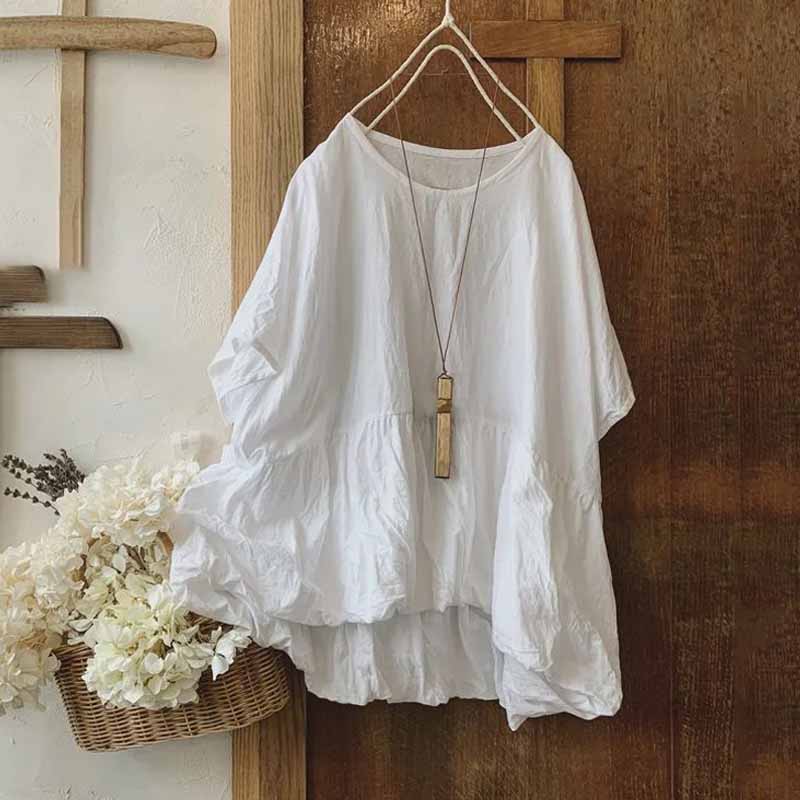 Loose Round Neck Short Sleeve Gathered Paneled Cotton And Linen Shirt