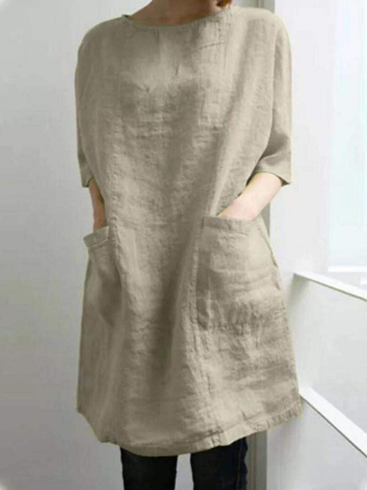 Vintage Plain Round Neck Pocket Short Sleeve Mini Dress