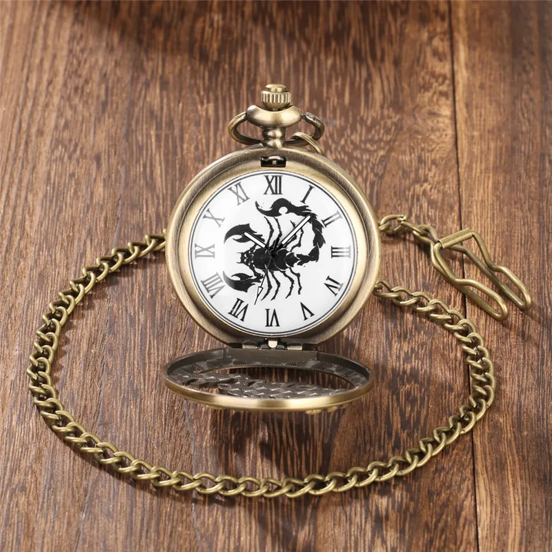 Bronze Half Hunter Roman Numerals Analog Quartz Pocket Watch for Men Women Hollow-out Scorpion Design Sweater FOB Chain Gift