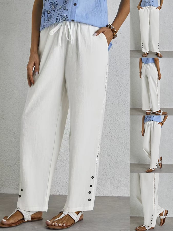 Casual Elegant Lace-Up With Pockets Buttons Lace Side Cotton Linen Trousers