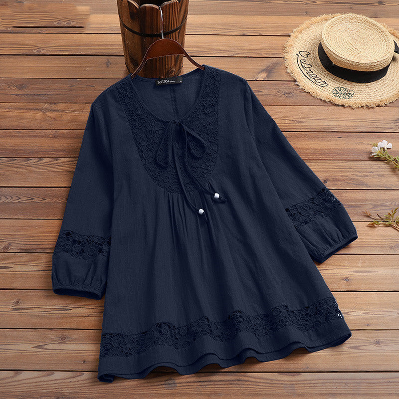Temperament Sleeve Loose Women's Top: Cotton and Linen Stitching with Lace Detail