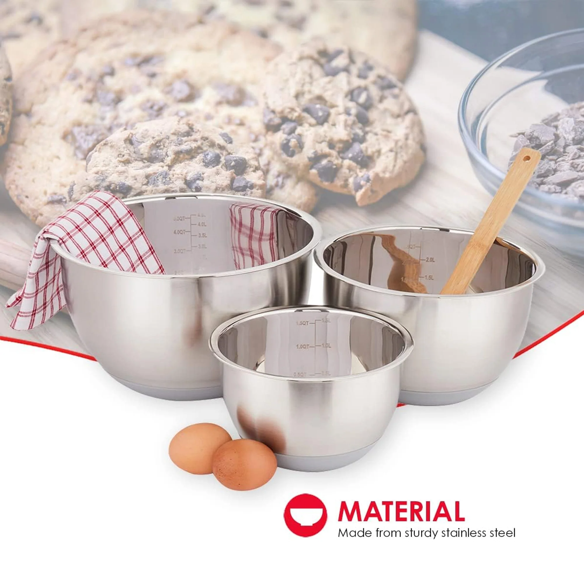 Home Basics 3 Piece Stainless Steel Nesting Mixing Bowls with Rubber Bottoms