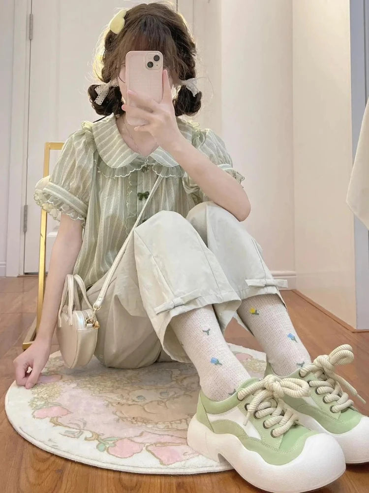Striped Harajuku Lace Bow Blouse