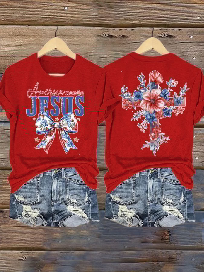 Women's Independence Day Faith Family Freedom Print Short Sleeve T-Shirt